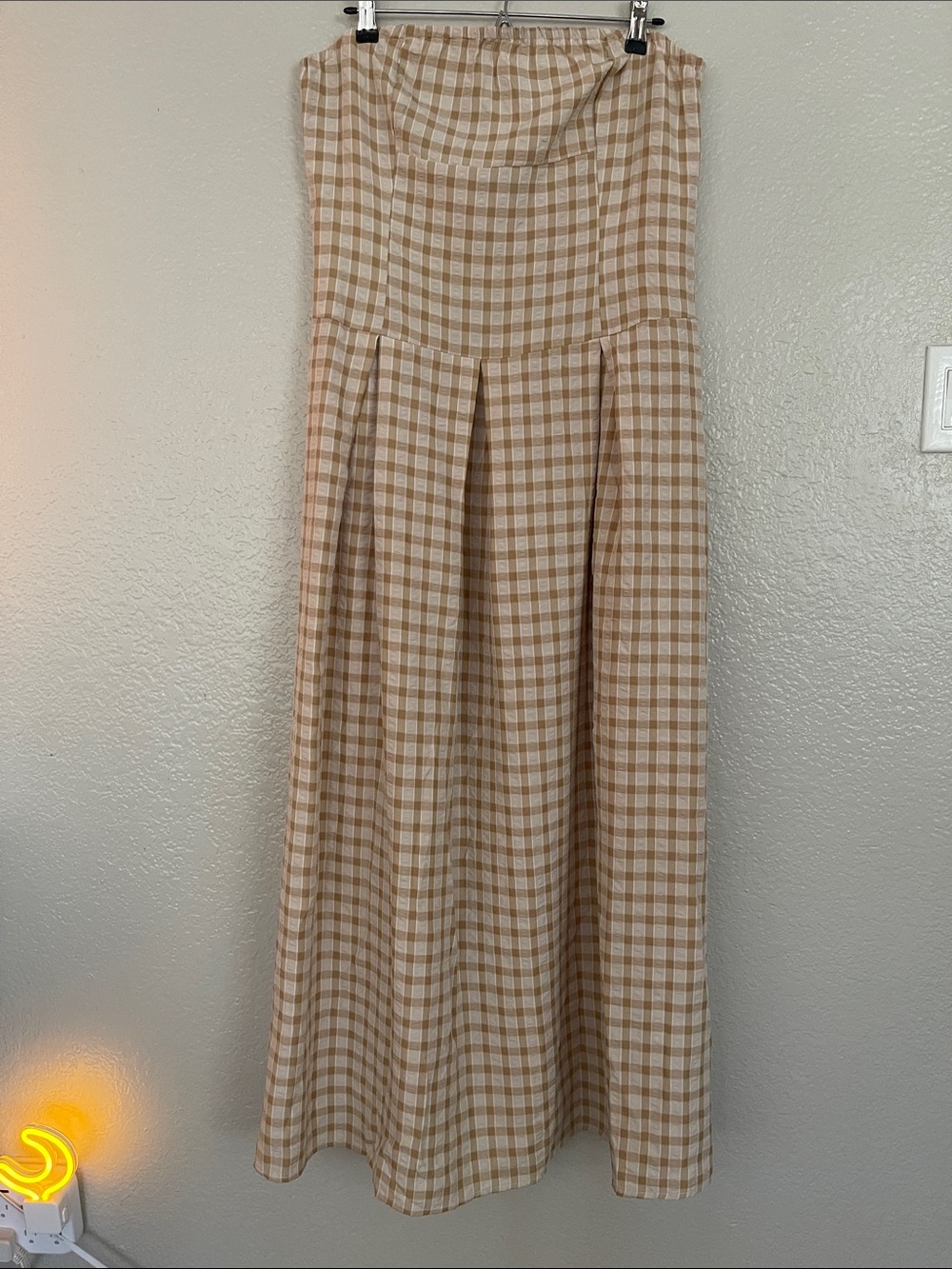 SHEIN Beige and White Striped Gingham Maxi Dress